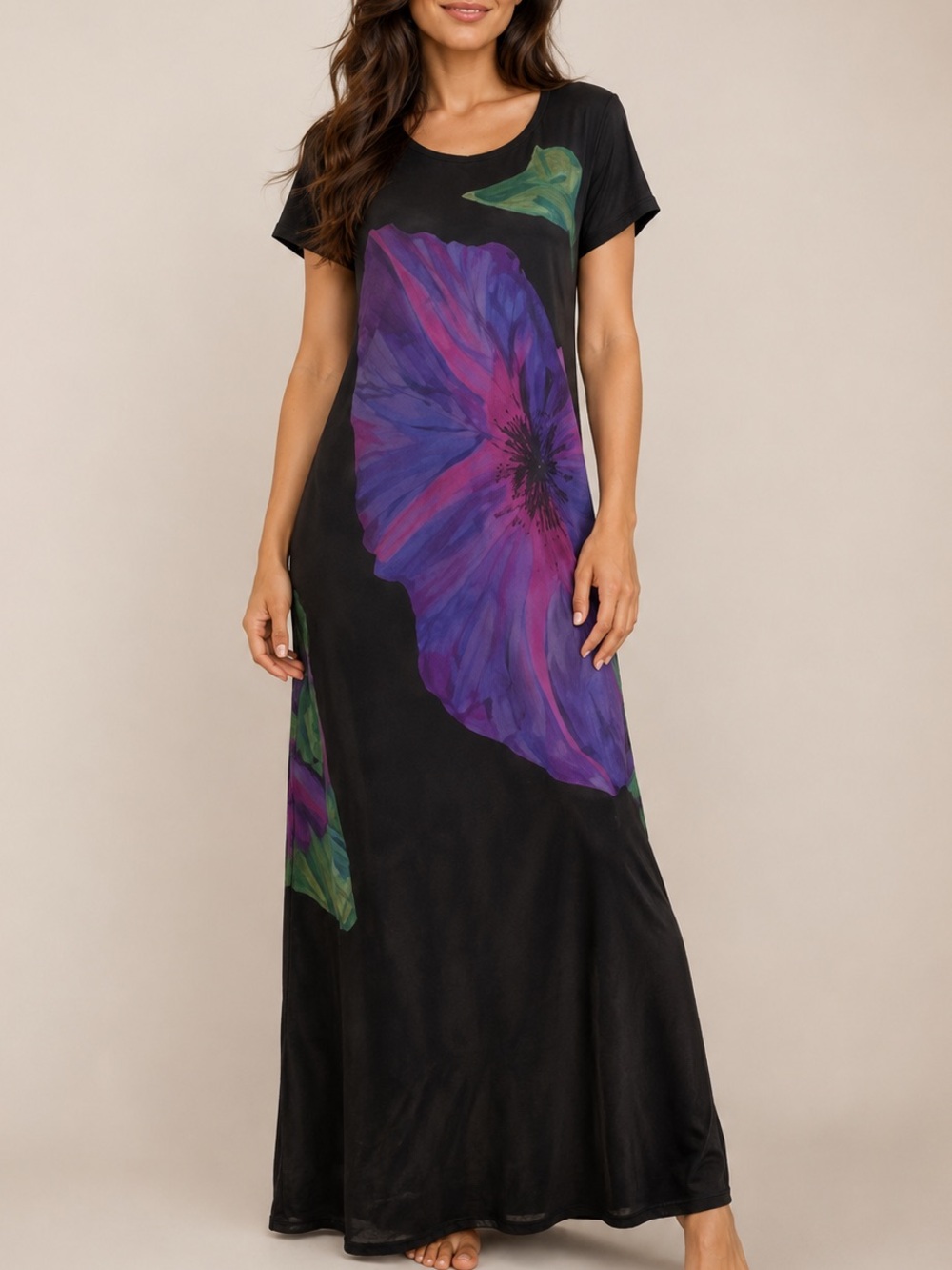 Carole Little Vintage Dark Floral Maxi Dress Size 8 Black Purple Green Elegant